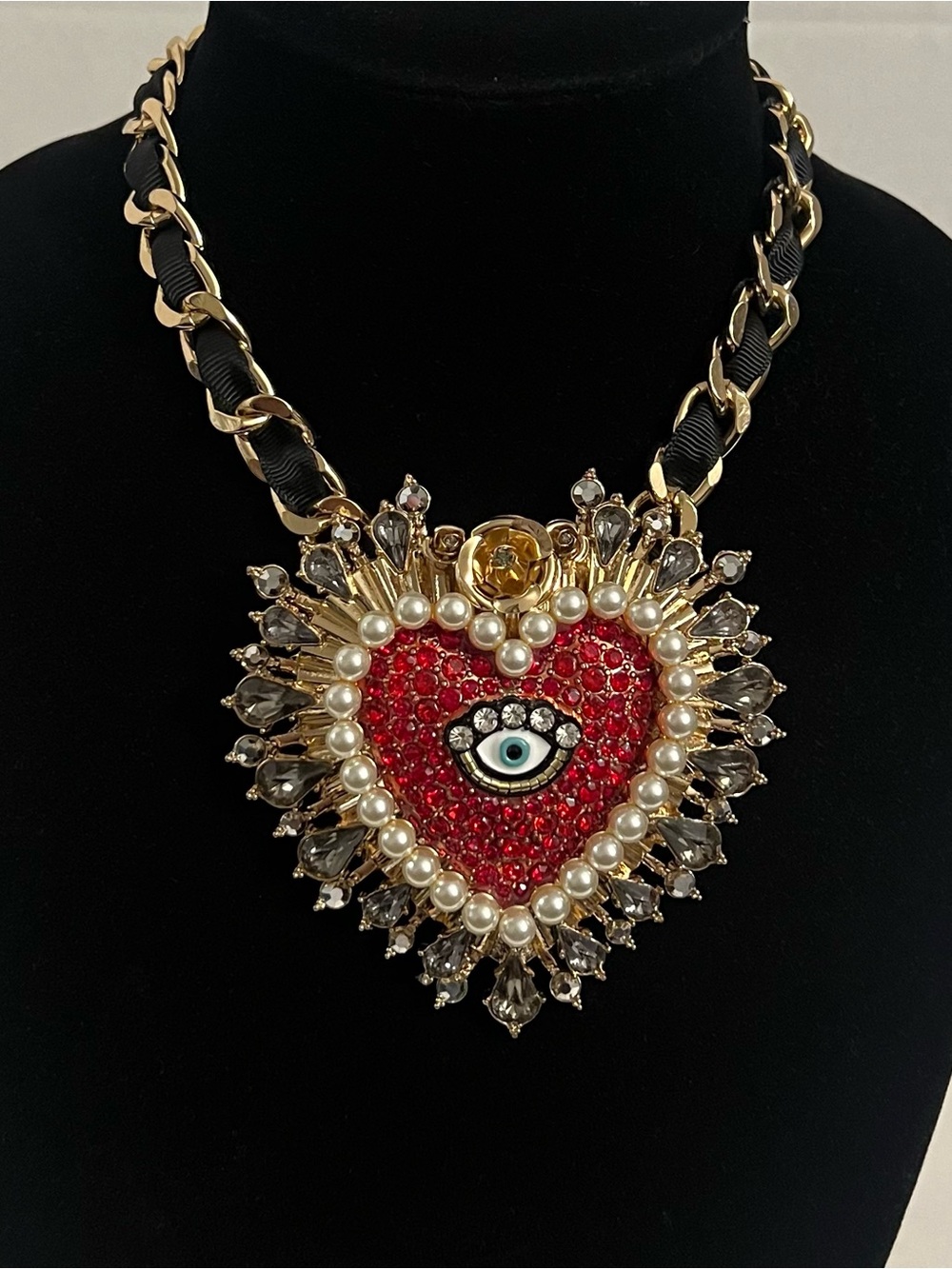 Betsey Johnson Red Crystal Evil Eye Heart Statement Necklace with Pearl Trim